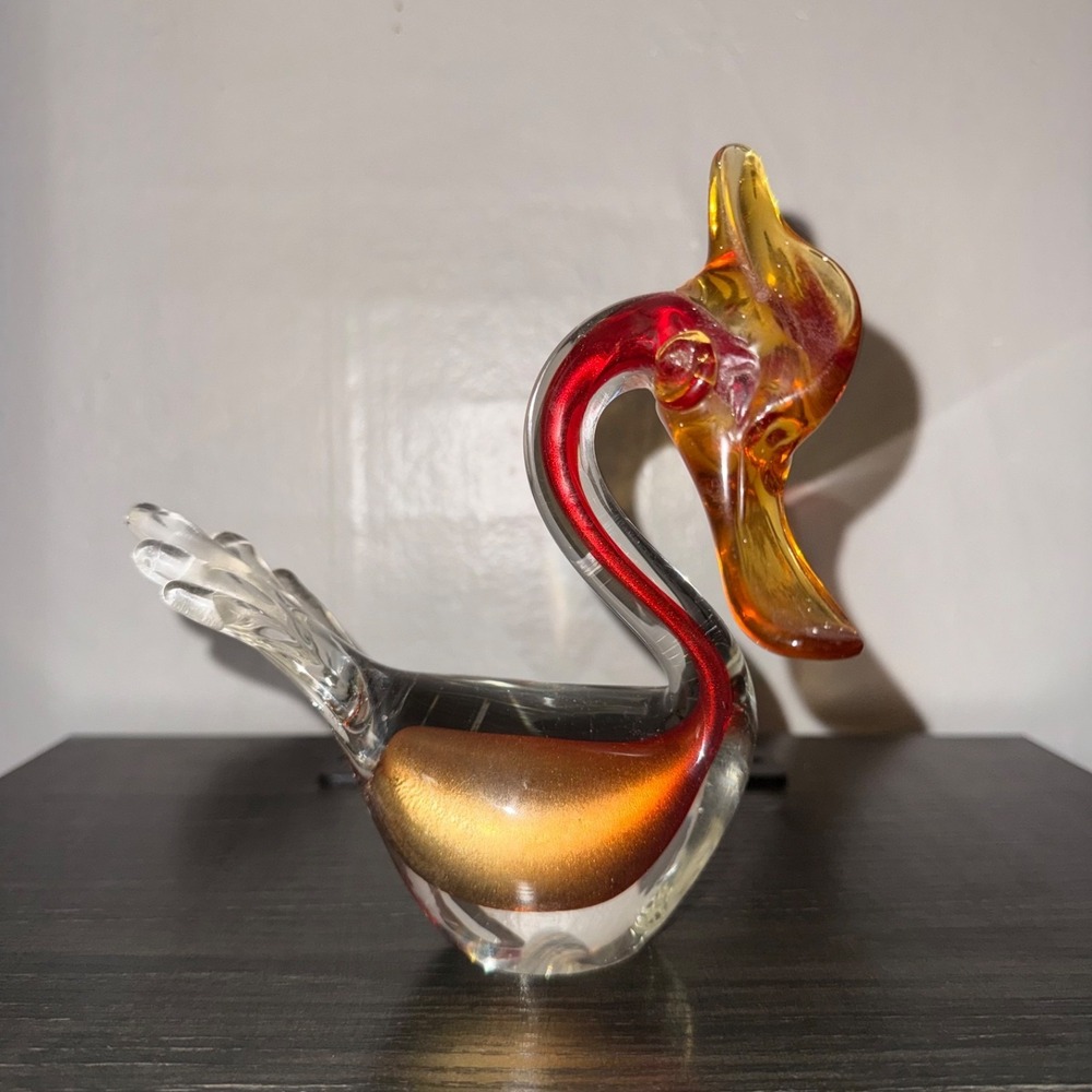 Vintage Red Venetian Hand Blown Glass Swan Duck sculpture Amber Submersion